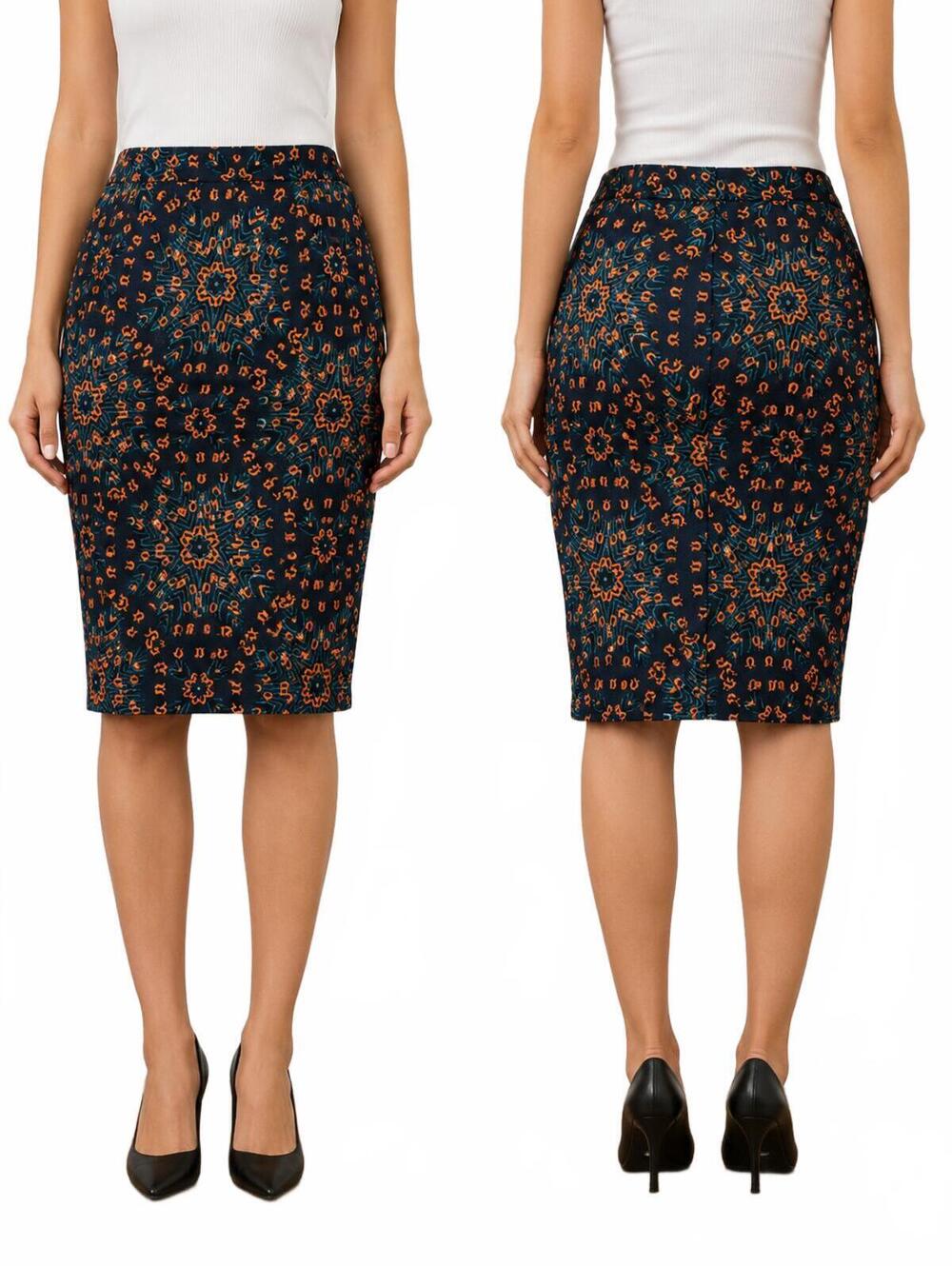 Lulaore Ladies Hunter Green Orange Abstract Print Straight Skirt Knee Length